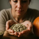 Žena drží tekvicové semienka v dlaniach, vedľa je tekvica.