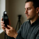 Muž drží fotometer na meranie svetla s vážnym výrazom.