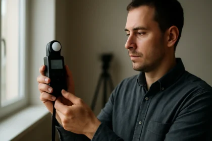 Muž drží fotometer na meranie svetla s vážnym výrazom.