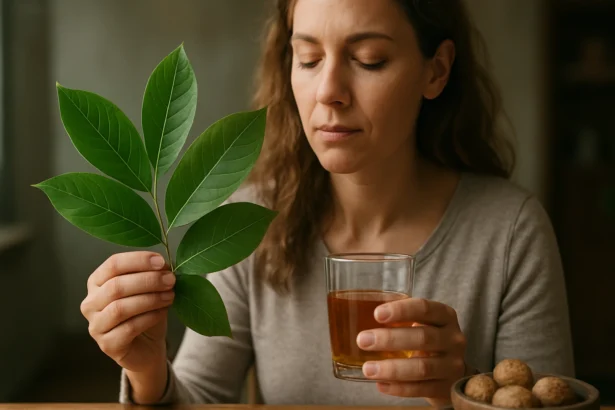 Žena s orechovými listami a šálkou čaju v ruke.