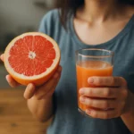 Osoba drží čerstvý grapefruit a pohár grapefruitovej šťavy.