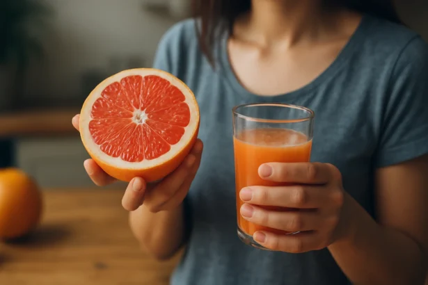 Osoba drží čerstvý grapefruit a pohár grapefruitovej šťavy.