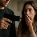 Muž s poplašnou pištoľou zastrašuje ženu.