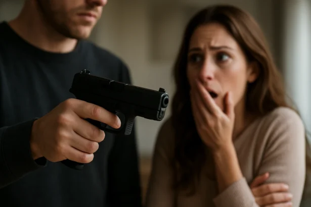 Muž s poplašnou pištoľou zastrašuje ženu.