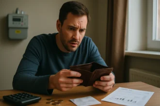 Muž frustrovane kontroluje prázdnu peňaženku a účty za energie.