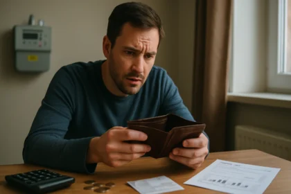 Muž frustrovane kontroluje prázdnu peňaženku a účty za energie.