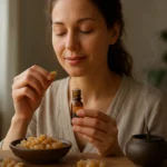 Žena objavuje esenciálny olej kadidla s vonnými zrnami v útulnom prostredí.