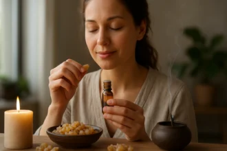 Žena objavuje esenciálny olej kadidla s vonnými zrnami v útulnom prostredí.