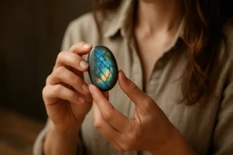 Žena drži labradorit, fascinujúci drahokam s hrou farieb