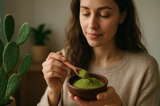 Žena s nopálovým kaktusovým práškom v miske a lyžičkou