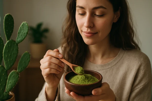 Žena s nopálovým kaktusovým práškom v miske a lyžičkou