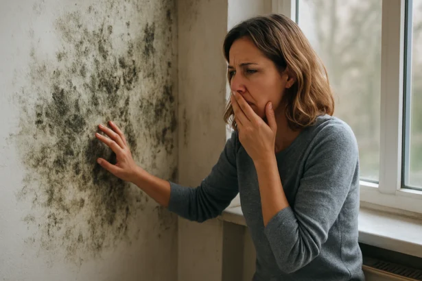 Žena, ktorá zisťuje plesne na stene, vyjadruje obavy o zdravie.