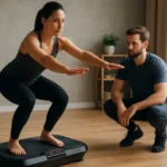 Žena cvičiaci na vibračnej plošine s trénerom v interiéri.