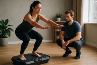 Žena cvičiaci na vibračnej plošine s trénerom v interiéri.