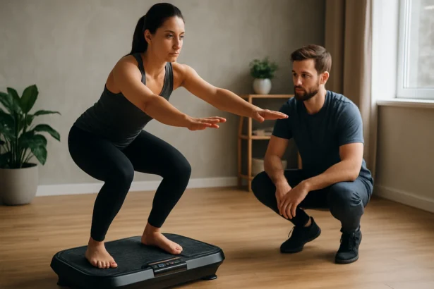 Žena cvičiaci na vibračnej plošine s trénerom v interiéri.