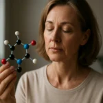 Žena skúma model molekuly glutatiónu, silného antioxidantu.