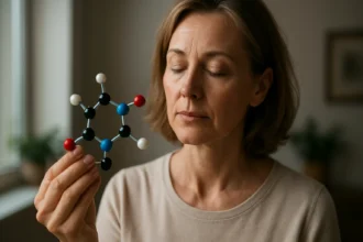 Žena skúma model molekuly glutatiónu, silného antioxidantu.