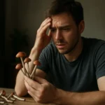 Muž znepokojený halucinogénnymi hubami na stole