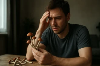 Muž znepokojený halucinogénnymi hubami na stole