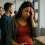 Tehotná žena v čakacej línii s výrazom starostí na tvári.