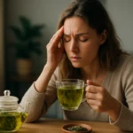 Žena s čajom v ruke trpí bolesťou hlavy v pohodlnej atmosfére.