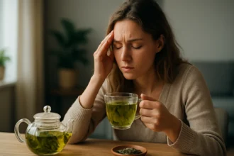 Žena s čajom v ruke trpí bolesťou hlavy v pohodlnej atmosfére.