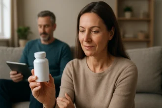 Žena skúma fľaštičku s doplnkom stravy na zlepšenie zdravia a pohody