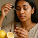 Žena aplikuje indický citrónový olej na tvár, ovocie na stole.