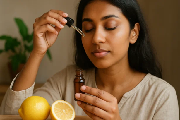 Žena aplikuje indický citrónový olej na tvár, ovocie na stole.