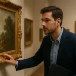 Muž obdivujúci umelecké dielo v galérii