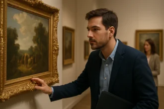 Muž obdivujúci umelecké dielo v galérii