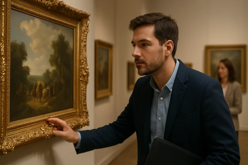 Muž obdivujúci umelecké dielo v galérii