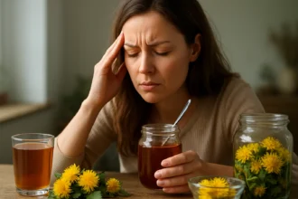 Žena si užíva púpavový sirup na posilnenie zdravia.