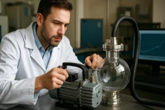 Vedec s vákuovou pumpou v laboratóriu skúma efektivitu zariadenia.