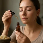 Žena aplikuje olej z cistu ladanového na pleť pre zdravie