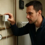 Muž nastavuje motorický zónový ventil na vykurovacom systéme.