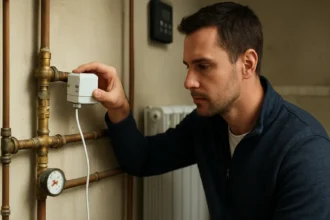 Muž nastavuje motorický zónový ventil na vykurovacom systéme.