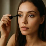 Žena nanášajúca riasenku na riasy pre krásny vzhľad.