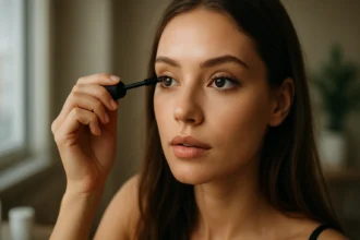 Žena nanášajúca riasenku na riasy pre krásny vzhľad.