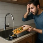 Muž prekvapený pri používaní kuchynského drviča odpadu