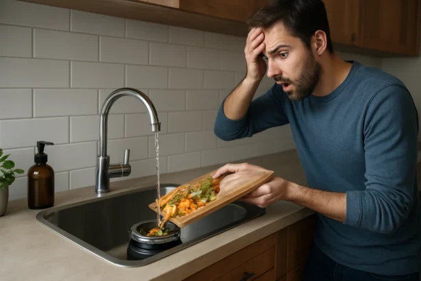 Muž prekvapený pri používaní kuchynského drviča odpadu