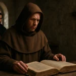 Mních čítajúci starobylú knihu v temnom prostredí