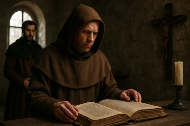 Mních čítajúci starobylú knihu v temnom prostredí