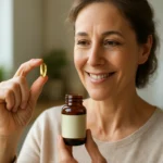 Žena s kapsulou oleja z tresčej pečene v ruke pred fľašou.