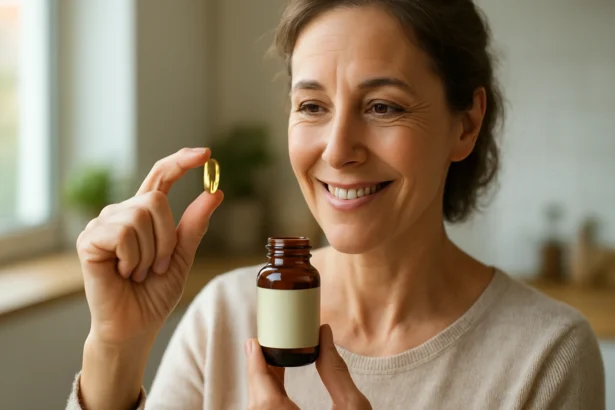 Žena s kapsulou oleja z tresčej pečene v ruke pred fľašou.