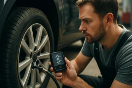 Muž kontroluje tlak v pneumatikách pomocou monitorovacieho zariadenia TPMS.