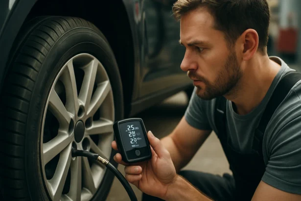 Muž kontroluje tlak v pneumatikách pomocou monitorovacieho zariadenia TPMS.