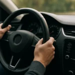 Ruka drží volant v aute, ukazuje pohodlné riadenie s hydraulickým posilňovačom.