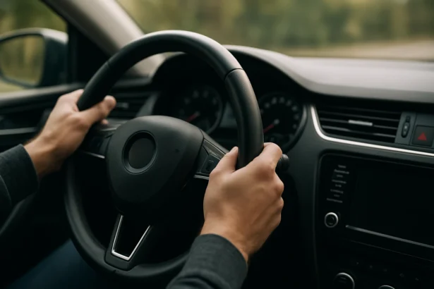 Ruka drží volant v aute, ukazuje pohodlné riadenie s hydraulickým posilňovačom.