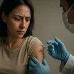 Žena nervózne čaká na injekciu Ovitrelle od zdravotníka.